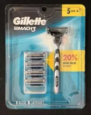 Gillette Mach3 Razor Handle + 5 Cartridges | NEW Sealed | 20% More Value.