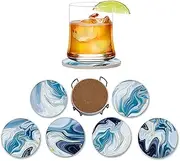 6 Pcs Blue Marble Ceramic Coasters with Holder - Ultra Absorbent Drink Coasters Set, 4inch Non-Slip Cork Bottom Round Table Coasters for Coffee Wine Bar, Decorative Metal Stand Storage