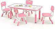 HONEY JOY Kids Table and 4 Chairs Set, Height Adjustable Toddler Desk & Chairs for 3+ Years, Arts Crafts Table w/Graffiti Desktop, Children Study Activity Table Set for Home, Daycare, School (Pink)