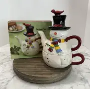 Oneida Tea for One Snowmates Hand Painted Earthenware Teapot & Cup CHRISTMAS NIB