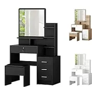 ALFORDSON Dressing Table Stool Set, Vanity Makeup Desk with Mirror, Chair, Shelves and Storage Cabinet, Vanity Dresser Organiserwith Drawers for Bedroom Dressing Room, Black Color