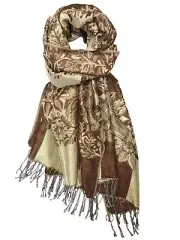 Calvia Double Layered Jacquard Big Paisley Pashmina Shawl Wrap Scarf-Brown
