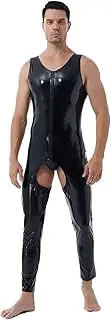 [SMGZC] Men's Sexy open crotch Jumpsuit Wet Look Shiny PU Leather Tight Catsuit Lingerie Latex vest Top Bodysuit Clubwear