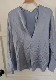 Vince 100% Silk Light Blue Blouse Large Split Neck Long Sleeve Work Elegance