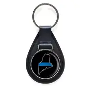 Thin Blue Line Maine State Black Leather Keychain Silver Keyring Military Gift