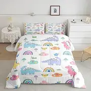 Feelyou Cartoon Dino Kids Baby Comforter Set Twin Size Jungle Dinosaur Animals Comforter Cute Colorful Rainbow Dino Girls Comforter Set Boys Nature Wildlife Duvet Set Nursery Toddler Quilt Set
