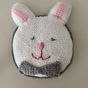 Handmade Crochet Knitted Bunny Pillow Grey White Pink Stuffed Soft 12” x 9”