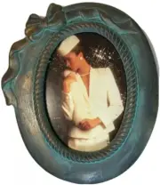 Glazed Terra Cotta Pottery Oval Picture Frame With Ribbon Accent Blue Gold