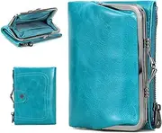 [CONTACTS] Full Grain Leather Kiss Lock Wallet for Women Kiss Clasp Coin Purse Vintage Small RFID Bifold Wallet (Blue), Turquoise Blue, Vintage