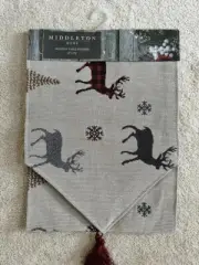 Holiday Christmas table runner 13”x70” Reindeer Trees Christmas Red Tassel NEW
