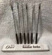 VTG MCM Oster Fondue Forks Set - 6 Stainless Steel Teak Wood Handle Color Coded