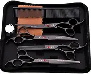 7.0 inch Professional Pet Grooming Scissors Set, Stainless Steel Straight & Thinning & Curved Scissors Set with Comb, Dog Grooming Scissors, 5pcs Set, Black