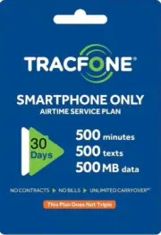 TracFone 30 Days Service Plan + 500 Minutes/ 500 Text/ 500 Data