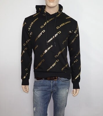 New CAVALLI CLASS Sweatshirt Drawstring Hoodie in Black Size Large 100% Cotton
