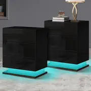 Alfordson 2x Bedside Table LED Nightstand 3 Drawers High Gloss Black