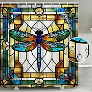 Shower Curtain with Hooks 180cm180cm(7070) Polyester Washable Waterproof Stained Glass Dragonfly Pattern Bathroom Decor