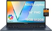 [ASUS] Vivobook 14 Slim Laptop (14" FHD, 16GB RAM, 512GB SSD, Intel Core i3-1215U (> i5-1235U)) for Student, Business, Education, Numeric Keypad, Fast Charge, Webcam, Win 11 Home S w/AI Copilot, Blue