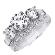 Womens 2.25 CT Round Cut 3-Stone Contour Bridal Ring Set W/ Band Solid Silver