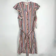 Elle Womens Medium Shirt Dress Red Blue Stripes Cap Sleeves V-Neck Belted Knee