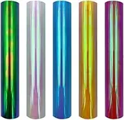 Abbraccia Holographic Heat Transfer Vinyl Set 5 Roll Rainbow Color Heat Transfer Paper Permanent HTV Iron on Vinyl for DIY Fabric T-Shirts Crafts Holiday Gifts