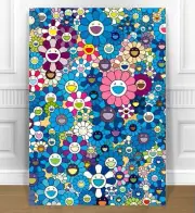 TAKASHI MURAKAMI- SUN FLOWERS BLUE PINK CANVAS PRINT 24x18" JAPANESE POP ART
