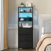 Advwin Set of 2 LED Bedside Table with Charging Station 3 Fabric Drawers Tall Nightstand Side Tables Black