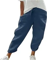 [Generic] Harem Linen Pants for Women Capri Elastic Drawstring Waist Casual Pants Summer Beach Athletic Yoga Pants with Pockets