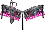Showman Leather Headstall & Breast Collar Set w/Rainbow Metallic Inlays & Fringe,Dark Brown/Rainbow,Average Full Size Horse
