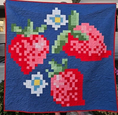 New lap QUILT, Strawberry patchwork, handmade, minky backing 61.5"x59"
