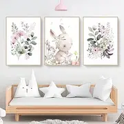 Children's Room Pictures, Set of 3, Rabbit and Leaf Flower Pictures, Wall Pictures, Decorative Rabbit Pictures, Children's Room, Girls and Boys, Baby Room Decoration, Without Frame (40 x 50 cm)