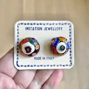 Vintage NOS Murano Glass Millefiori Clip On Earrings Italy Floral