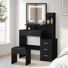 Oikiture Dressing Table Stool Set Makeup Mirror LED Light Storage Cabinet Black