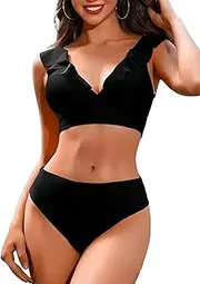 [XAIODRAGONSKY] Women Push Up Bikini Top High Waisted Bikini Sets Tummy Control Swimsuits Two Piece Bathing Suit, Black, Large
