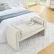 Modern Linen Fabric Storage Stool with Large Capacity & Rolling Armrests -Ottoman Bench Perfect for Bedroom, Living Room, or Entrance - Elegant Design Enhances Your Home Decor (Beige)