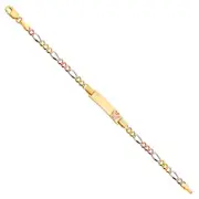 14K Tri Tone Gold 6" Inch Figaro Chain Child Kids Butterfly Baby ID Bracelet