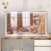 Large Hollywood Makeup Mirror with Double LED Light, Touch-Screen Control 3 Color Lighting Modes,Tabletop Silver Makeup Mirror for Dressing Room & Bedroom (101.6×62cm)