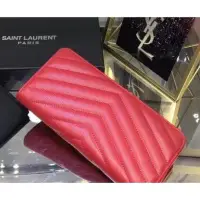 在飛比找Yahoo!奇摩拍賣優惠-【二手正品】 YSL 紅色 V字紋 荔枝皮 金色 LOGO 