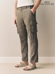 Brown Regular Fit Signature 100% Linen Cargo Trousers (AL4200) | $82