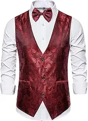 [SMBHIAON] Formal Cardigan Waistcoats For Men - Cashew Pattern V Neck Adjustable Belt At The Back Wedding Waistcoat Vest,Large Size Slim Fit Single-Breasted Pocket Business Suit Vest