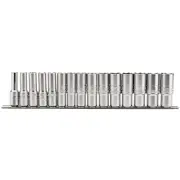 Draper Metric Deep Socket on a Metal Rail 1/2"D 15 Piece 6 Point Chrome 16499