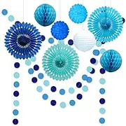 CASA DECRO Sparkling Shamrock Clover Garlands Hanging Banner/Paper Fan/Pom Poms,Lucky Irish Baby Shower Birthday Party Centerpiece Supplies Blue