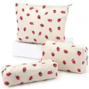 Makeup Bag 3 Pieces Large Capacity Checkered Cosmetic Bag Beige Strawberry