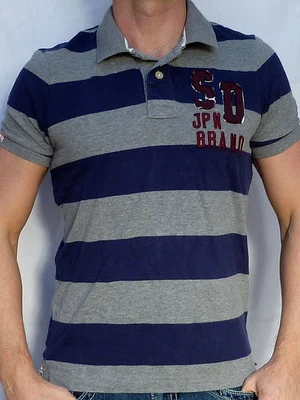 Superdry Men's - STRIPE POLO - T-Shirt - NEW - Dark Marl Grey / Navy
