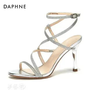 高跟鞋 Daphne/達芙妮夏季新款一字帶優雅亮片純色細跟森女涼鞋女 夢藝家