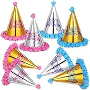 8pcs Birthday Party Hats: Birthday Cone Hat Paper Cone Hats Elastic String Cone Hats for Adults Teens