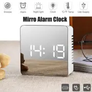 Digital LED Mirror Alarm Clock Temperature Night Light Bedside Clock Snooze USB