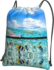 EdWal Colorful Fishes Print Drawstring Backpack Gym Bags Sports Bags With Zipper Pocket For Travel Beach, Black, One Size
