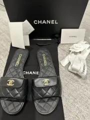 Chanel REV Black Turnlock Quilted Gold CC Logo Mules Slide Sandal SZ 37.5 NIB