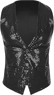 Miaeowve Men Shiny Sequins Vest Button Sleeveless Slim Fit Waistcoat Club Prom Party Performance Dance Jacket