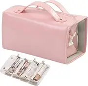 [Generic] 4 in 1 Travel Toiletry Bag, Large Capacity PU Leather Waterproof Cosmetic Bag,with Detachable Clear Compartments, Multi Compartment Cosmetic Bag for Travel, Business, Gym, Everyday Use, Pink, Portable